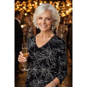 Chicos Travelers Black & White Floral V-Neck Top Size 0 Small